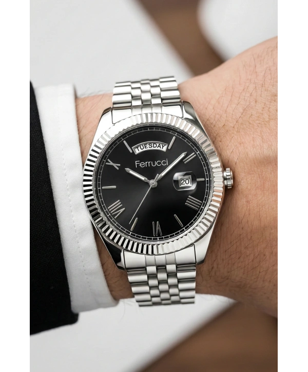 Takvimli Erkek Kol Saati Çelik jübile Kordon Gümüş-Siyah Bileklik Hediyeli 3atm Sdfer194