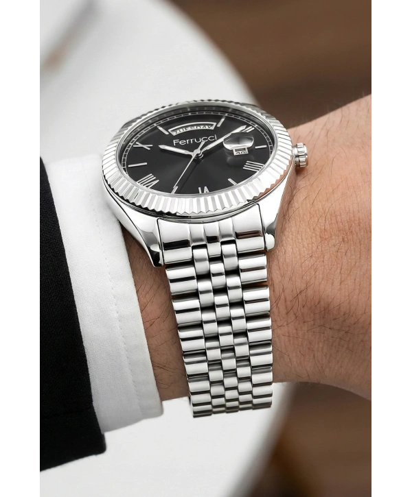 Takvimli Erkek Kol Saati Çelik jübile Kordon Gümüş-Siyah Bileklik Hediyeli 3atm Sdfer194