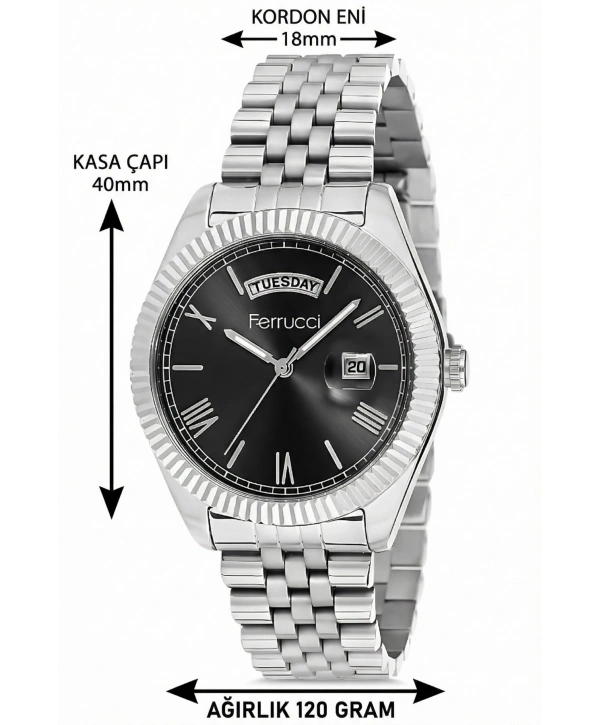 Takvimli Erkek Kol Saati Çelik jübile Kordon Gümüş-Siyah Bileklik Hediyeli 3atm Sdfer194