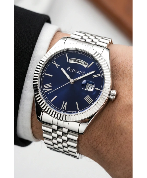 Takvimli Erkek Kol Saati Çelik jübile Kordon Gümüş-Mavi Bileklik Hediyeli 3atm Sdfer194