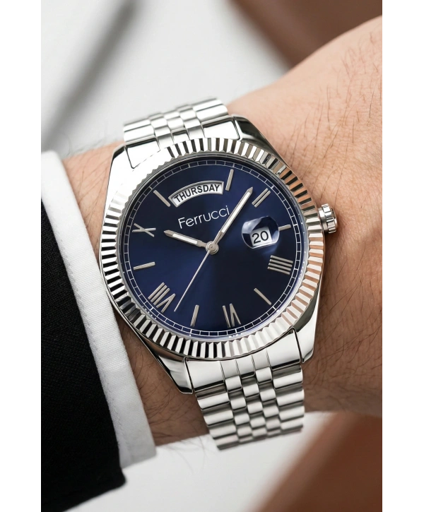 Takvimli Erkek Kol Saati Çelik jübile Kordon Gümüş-Mavi Bileklik Hediyeli 3atm Sdfer194