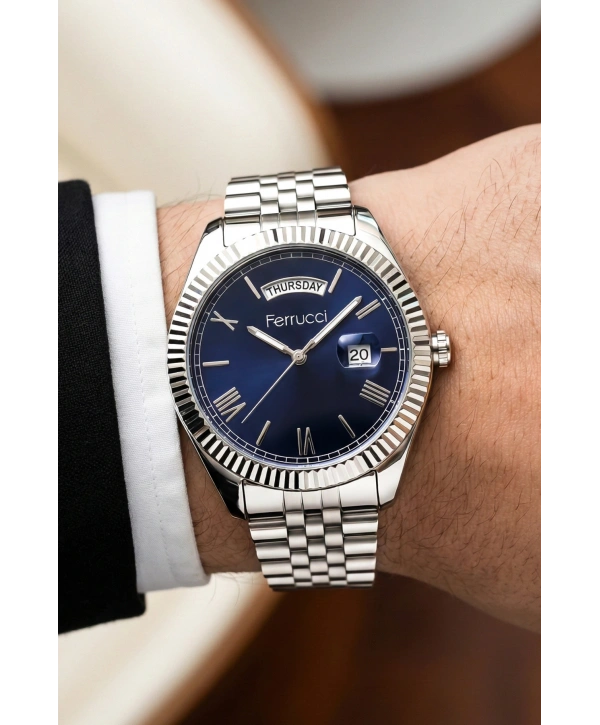 Takvimli Erkek Kol Saati Çelik jübile Kordon Gümüş-Mavi Bileklik Hediyeli 3atm Sdfer194