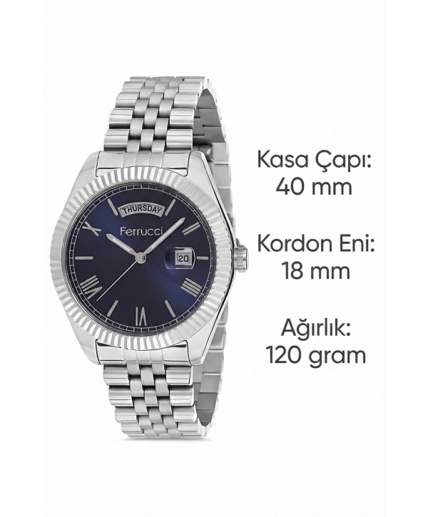 Takvimli Erkek Kol Saati Çelik jübile Kordon Gümüş-Mavi Bileklik Hediyeli 3atm Sdfer194