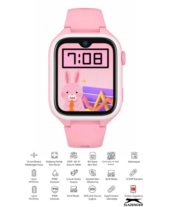 Akıllı Çocuk Saati, Görüntülü ve Sesli Görüşme Özellikli ip68 Suya Dayanıklı Pembe SLZ001