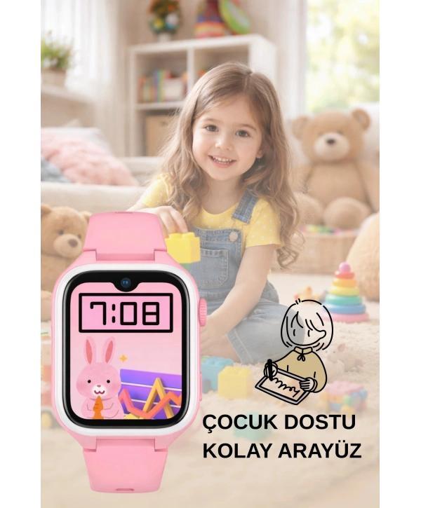 Akıllı Çocuk Saati, Görüntülü ve Sesli Görüşme Özellikli ip68 Suya Dayanıklı Pembe SLZ001