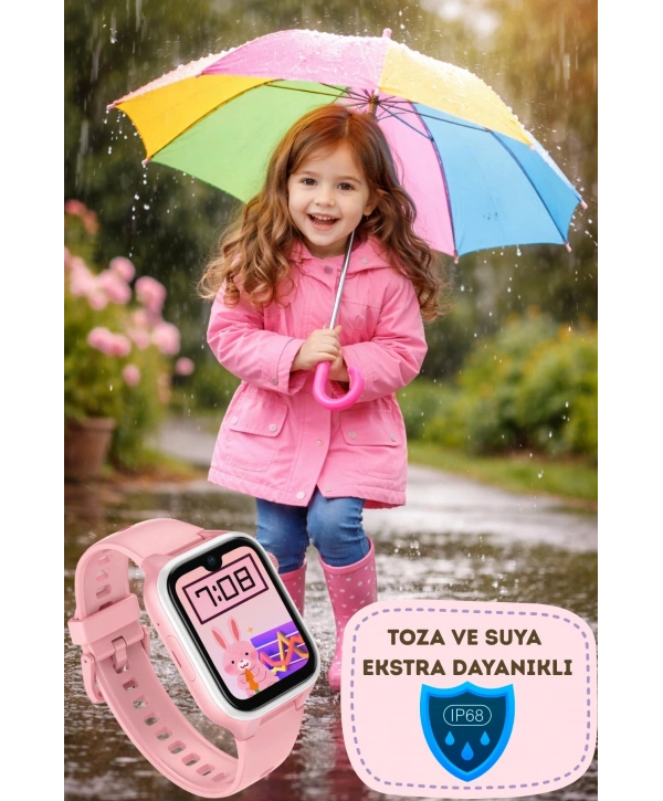 Akıllı Çocuk Saati, Görüntülü ve Sesli Görüşme Özellikli ip68 Suya Dayanıklı Pembe SLZ001