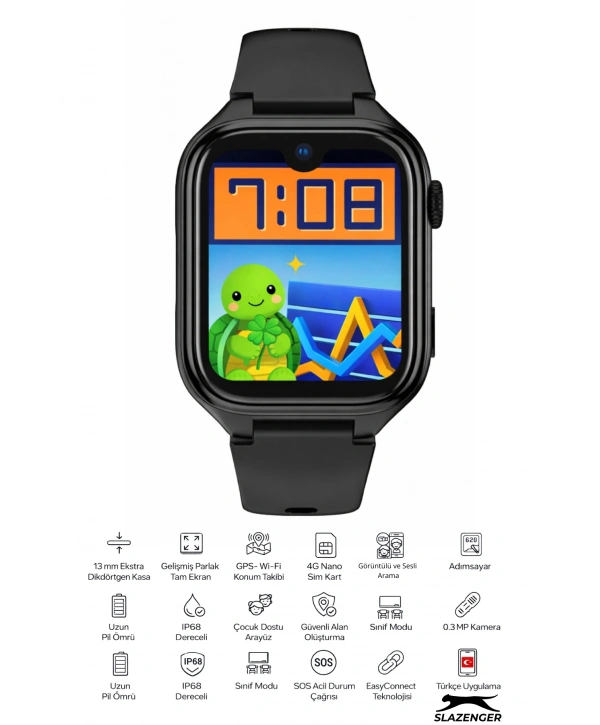 Akıllı Çocuk Saati, Görüntülü ve Sesli Görüşme Özellikli ip68 Suya Dayanıklı Siyah SLZ001