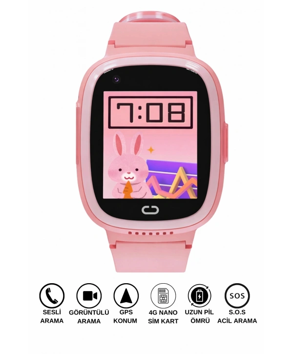 Akıllı Çocuk Saati Sesli ve Görüntülü Görüşme İP68, Sim Kart Özellikli Pembe sdyou001