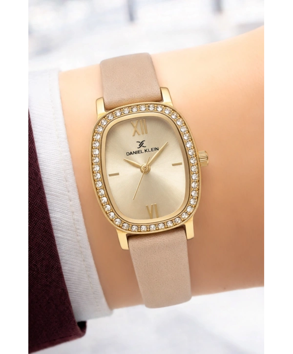 Daniel Klein Deri Kordon Çelik Kasa Kadın Kol Saati+Bileklik Hediyeli Bej sddk112