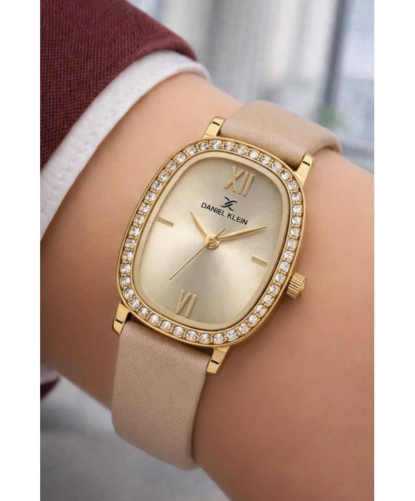 Daniel Klein Deri Kordon Çelik Kasa Kadın Kol Saati+Bileklik Hediyeli Bej sddk112