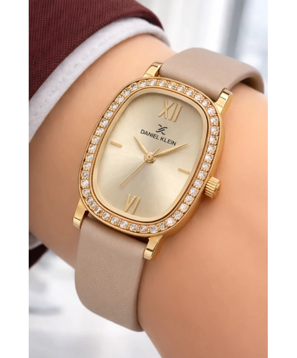 Daniel Klein Deri Kordon Çelik Kasa Kadın Kol Saati+Bileklik Hediyeli Bej sddk112