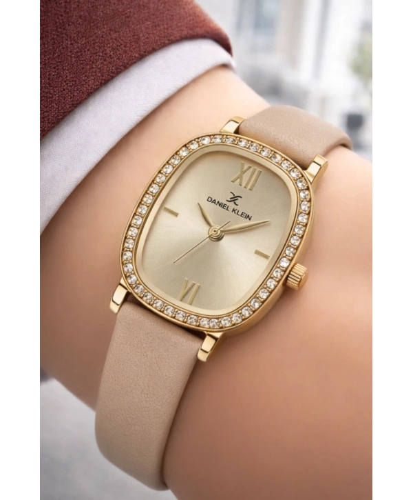 Daniel Klein Deri Kordon Çelik Kasa Kadın Kol Saati+Bileklik Hediyeli Bej sddk112