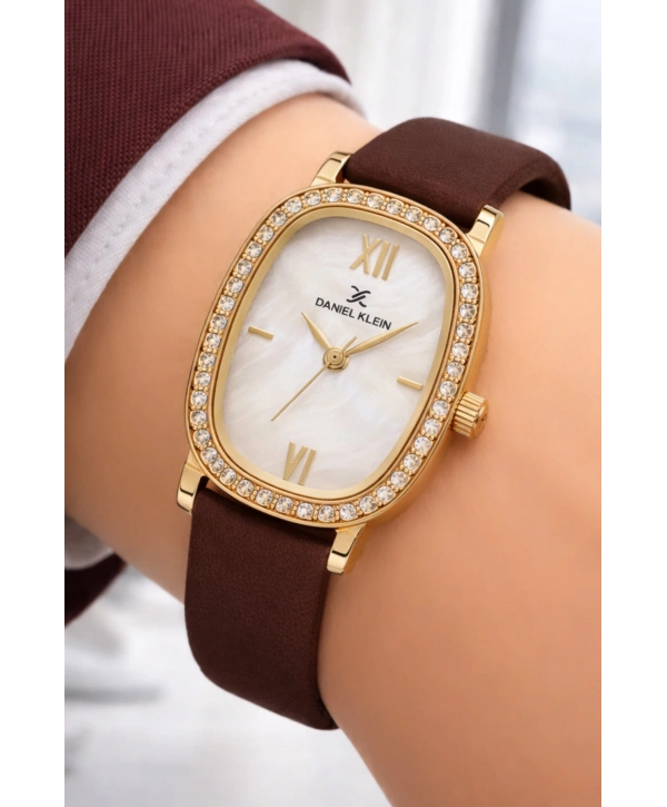 Daniel Klein Deri Kordon Çelik Kasa Kadın Kol Saati+Bileklik Hediyeli Kahve-Gold sddk112