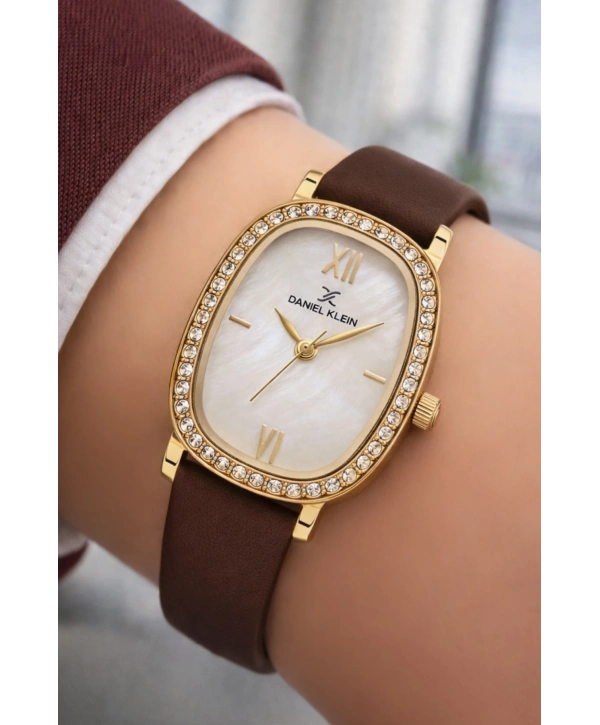 Daniel Klein Deri Kordon Çelik Kasa Kadın Kol Saati+Bileklik Hediyeli Kahve-Gold sddk112