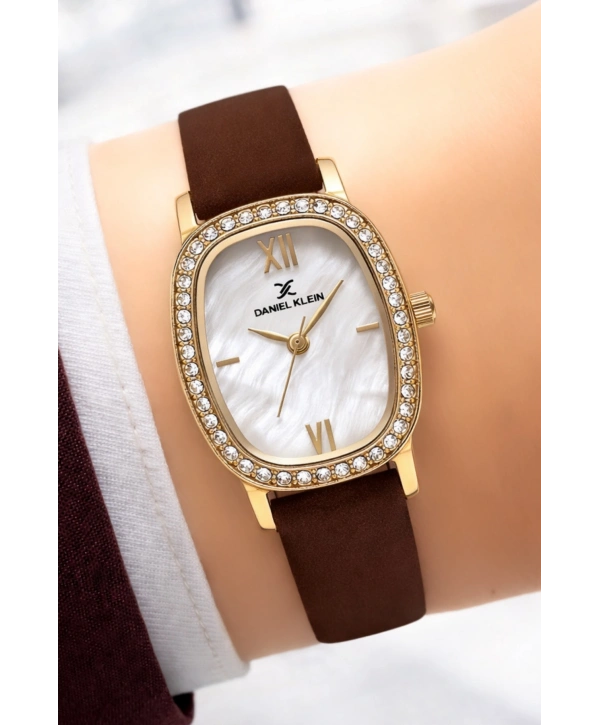 Daniel Klein Deri Kordon Çelik Kasa Kadın Kol Saati+Bileklik Hediyeli Kahve-Gold sddk112