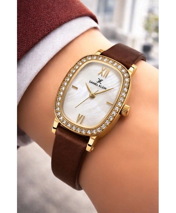 Daniel Klein Deri Kordon Çelik Kasa Kadın Kol Saati+Bileklik Hediyeli Kahve-Gold sddk112