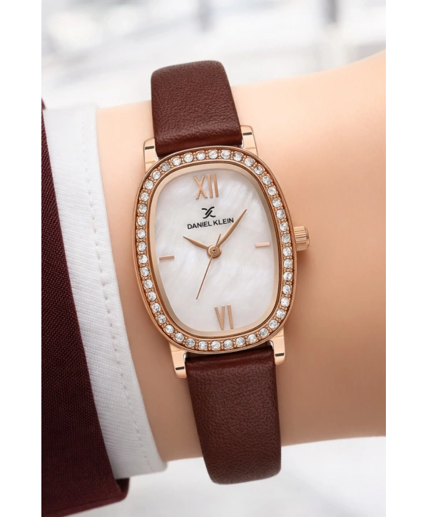 Daniel Klein Deri Kordon Çelik Kasa Kadın Kol Saati+Bileklik Hediyeli Kahve-Rose sddk112