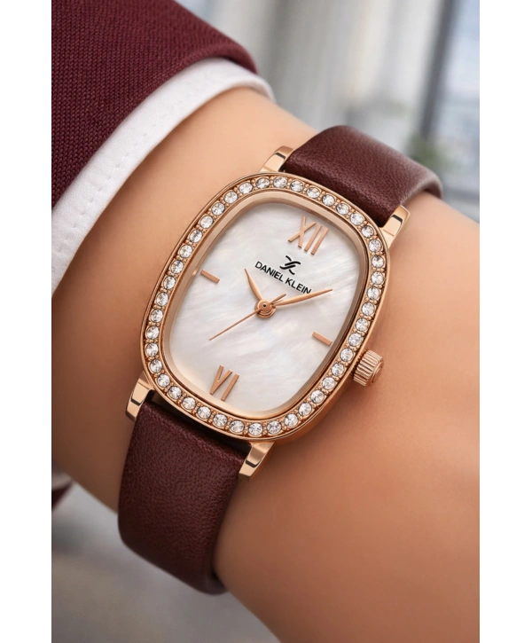 Daniel Klein Deri Kordon Çelik Kasa Kadın Kol Saati+Bileklik Hediyeli Kahve-Rose sddk112