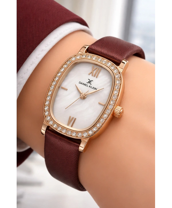 Daniel Klein Deri Kordon Çelik Kasa Kadın Kol Saati+Bileklik Hediyeli Kahve-Rose sddk112