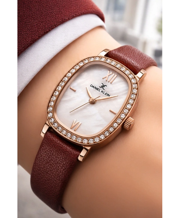 Daniel Klein Deri Kordon Çelik Kasa Kadın Kol Saati+Bileklik Hediyeli Kahve-Rose sddk112