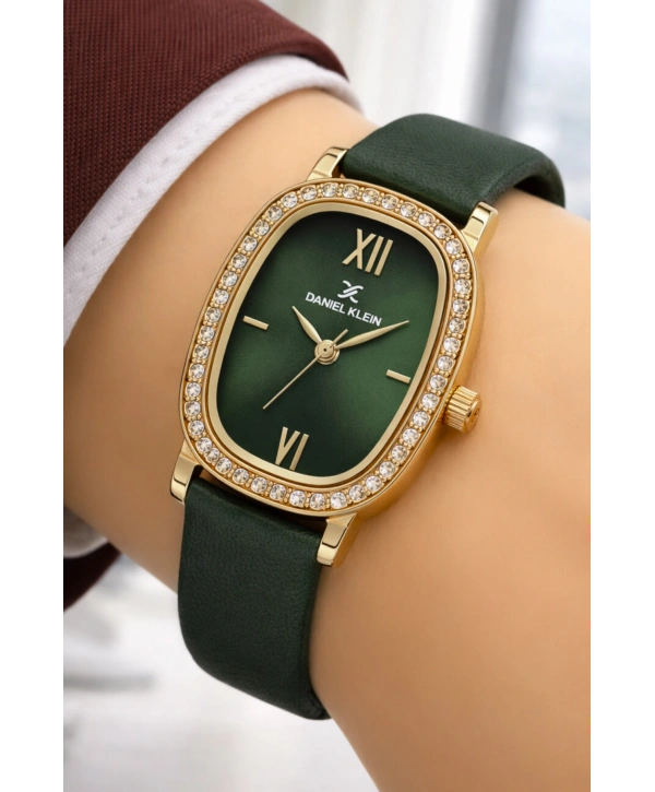 Daniel Klein Deri Kordon Çelik Kasa Kadın Kol Saati+Bileklik Hediyeli Yeşil sddk112
