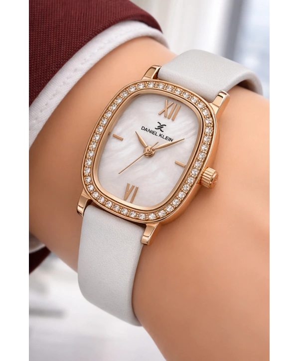Daniel Klein Deri Kordon Çelik Kasa Kadın Kol Saati+Bileklik Hediyeli Beyaz sddk112