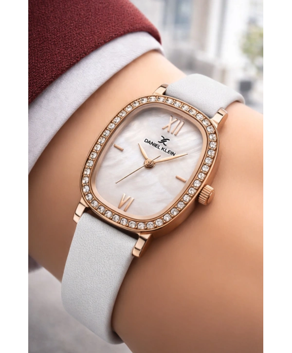 Daniel Klein Deri Kordon Çelik Kasa Kadın Kol Saati+Bileklik Hediyeli Beyaz sddk112