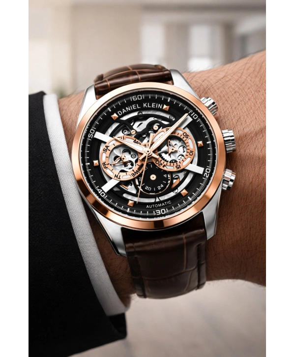 Deri Kordon Çelik Kasa Otomatik Mekanizma Erkek Kol Saati Kahve-Rose sddk104