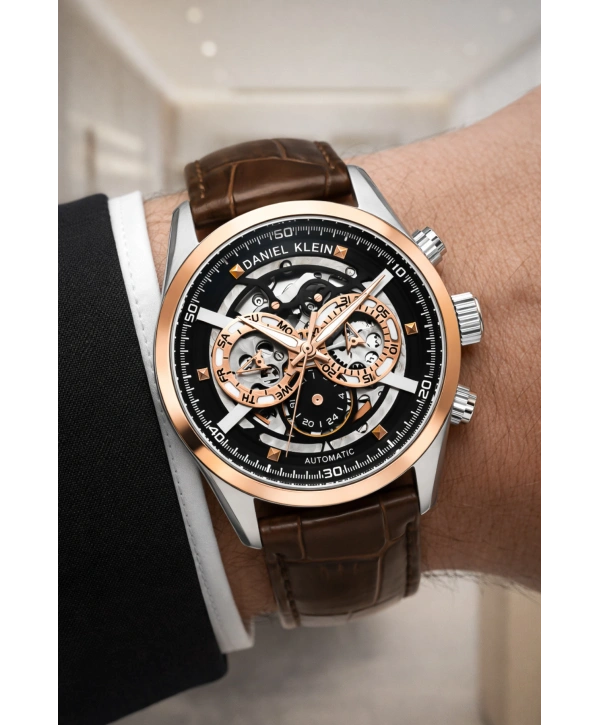 Deri Kordon Çelik Kasa Otomatik Mekanizma Erkek Kol Saati Kahve-Rose sddk104