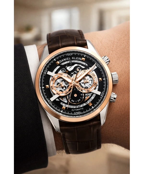 Deri Kordon Çelik Kasa Otomatik Mekanizma Erkek Kol Saati Kahve-Rose sddk104