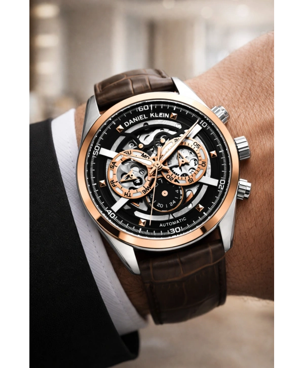 Deri Kordon Çelik Kasa Otomatik Mekanizma Erkek Kol Saati Kahve-Rose sddk104