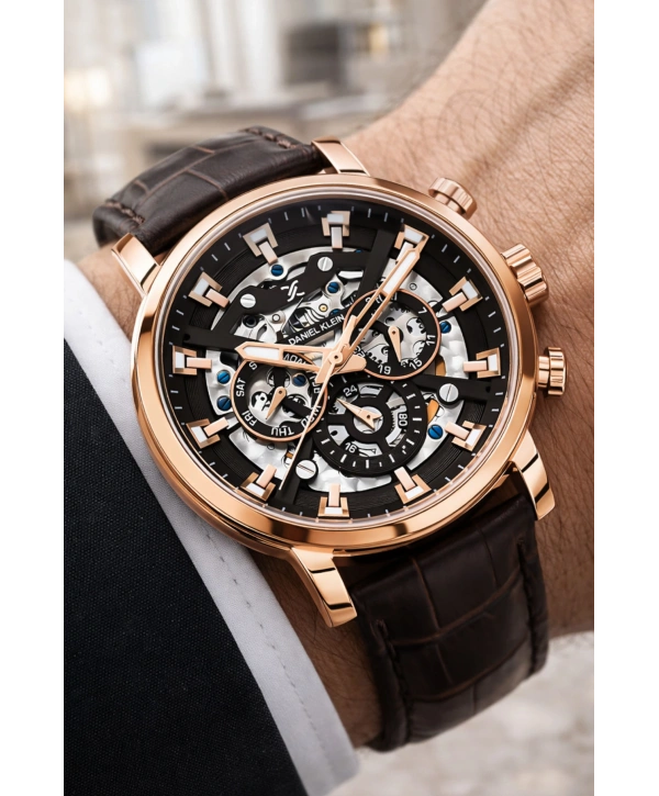 Deri Kordon Çelik Kasa Otomatik Mekanizma Erkek Kol Saati Kahve-Rose sddk103