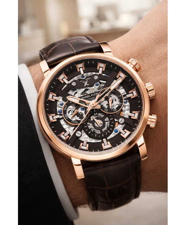 Deri Kordon Çelik Kasa Otomatik Mekanizma Erkek Kol Saati Kahve-Rose sddk103