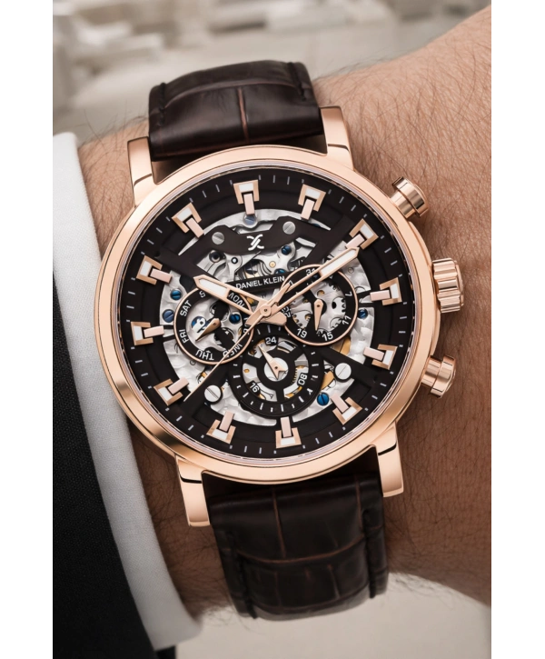 Deri Kordon Çelik Kasa Otomatik Mekanizma Erkek Kol Saati Kahve-Rose sddk103