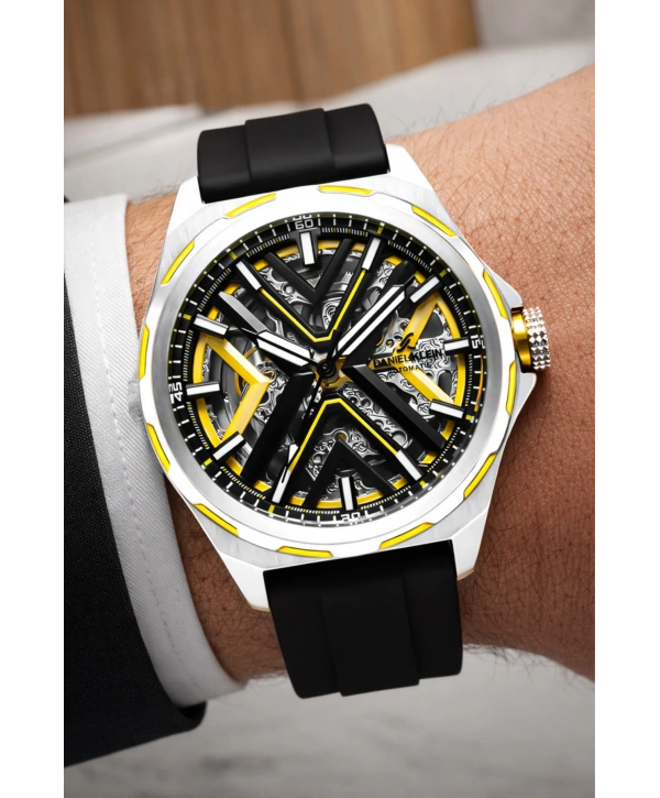 Silikon Kordon Çelik Kasa Otomatik Mekanizma Erkek Kol Saati Siyah-Sarı sddk102