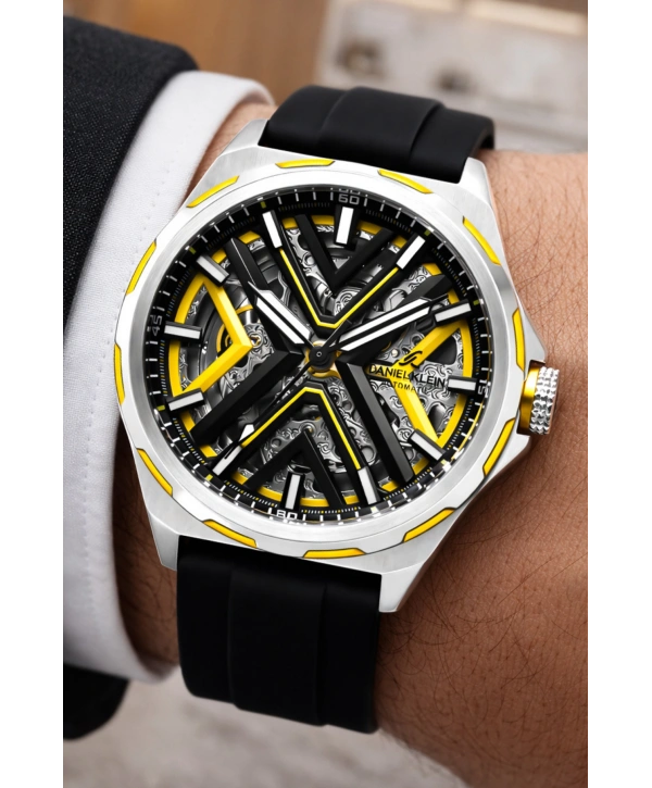 Silikon Kordon Çelik Kasa Otomatik Mekanizma Erkek Kol Saati Siyah-Sarı sddk102