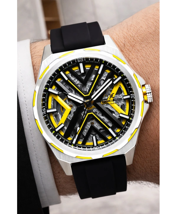 Silikon Kordon Çelik Kasa Otomatik Mekanizma Erkek Kol Saati Siyah-Sarı sddk102