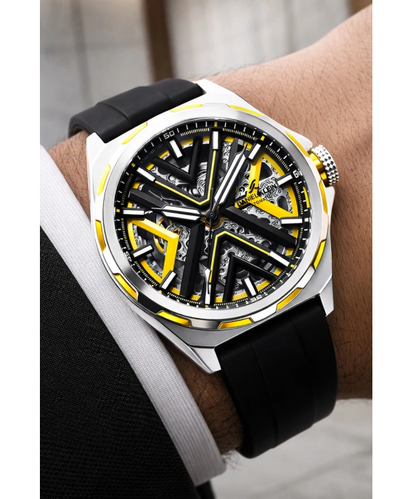 Silikon Kordon Çelik Kasa Otomatik Mekanizma Erkek Kol Saati Siyah-Sarı sddk102