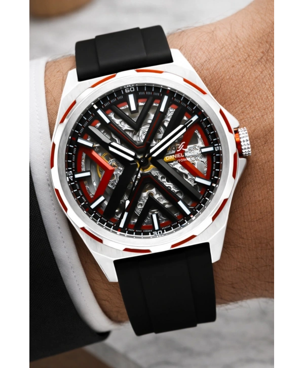 Silikon Kordon Çelik Kasa Otomatik Mekanizma Erkek Kol Saati Siyah-Kırmızı sddk102