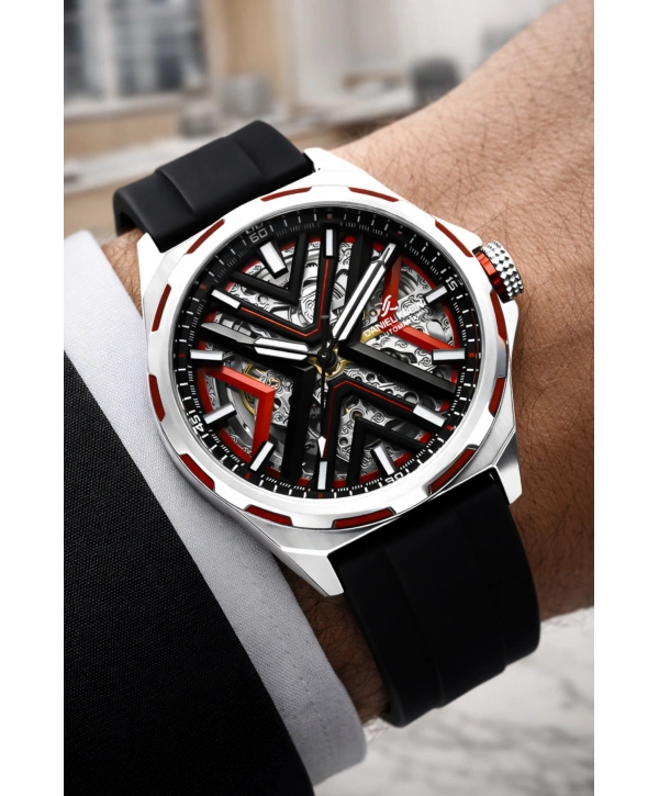 Silikon Kordon Çelik Kasa Otomatik Mekanizma Erkek Kol Saati Siyah-Kırmızı sddk102