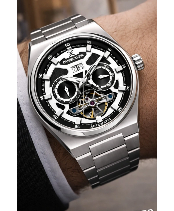 Çelik Kordon Çelik Kasa Otomatik Mekanizma Erkek Kol Saati Gümüş-Siyah-Beyaz sddk105