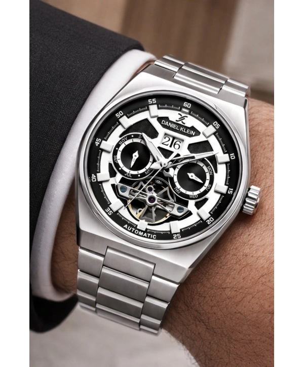 Çelik Kordon Çelik Kasa Otomatik Mekanizma Erkek Kol Saati Gümüş-Siyah-Beyaz sddk105