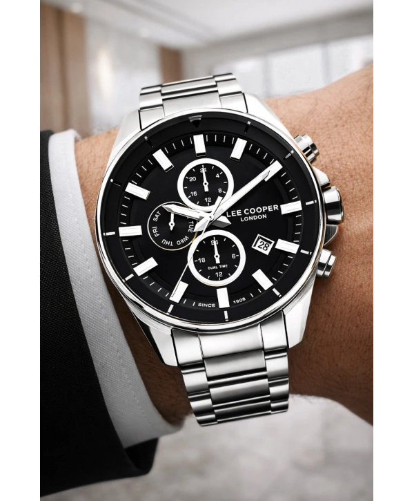 Lee Cooper Çelik Kordon&kasa Gümüş-siyah Renk Fonksiyonlu Erkek Kol Saati 3atm Bileklik Sdlc004
