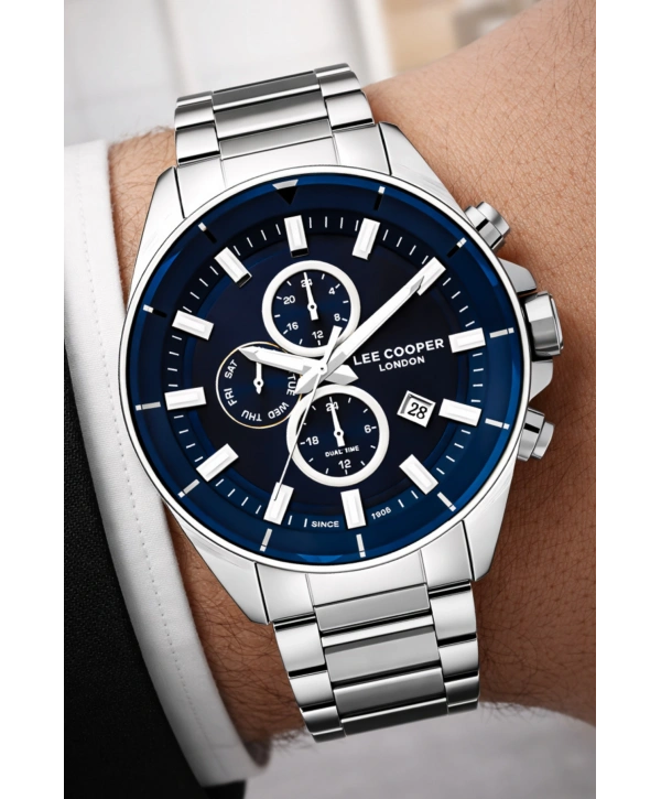 Lee Cooper Çelik Kordon&kasa Gümüş-mavi Renk Fonksiyonlu Erkek Kol Saati 3atm Bileklik Sdlc004