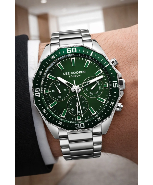 Lee Cooper Gümüş-yeşil Renk Çelik Kordon&kasa Fonksiyonlu Erkek Kol Saati 3atm Bileklik Sdlc007