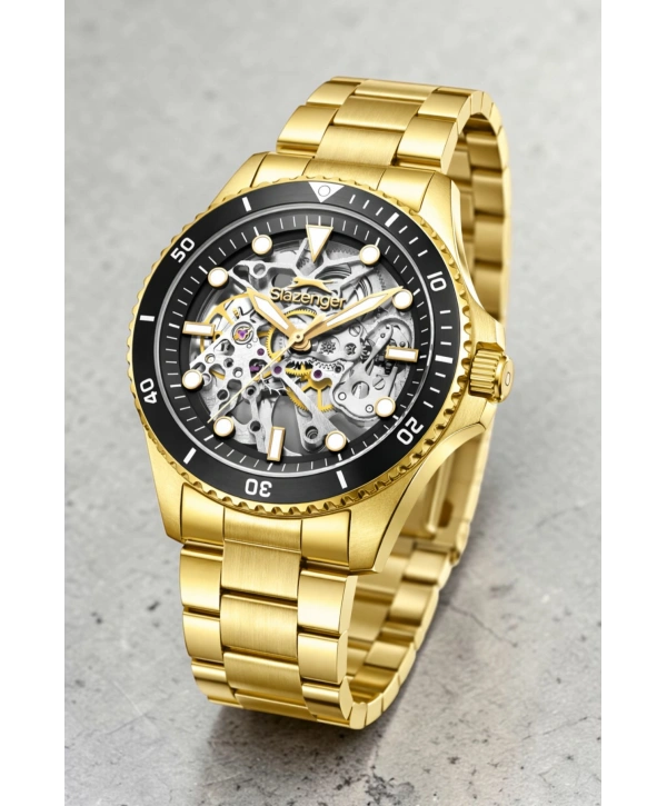 Slazenger Otomatik Mekanizma Çelik Kordon, Çelik Kasa Erkek Kol Saati Bileklik Hediyeli Gold sdslz003
