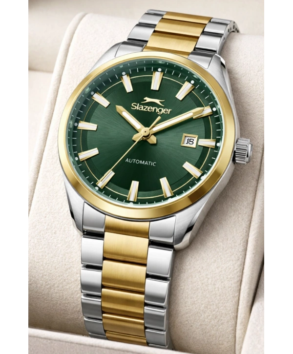 Slazenger Otomatik Mekanizma Çelik Kordon, Çelik Kasa Erkek Kol Saati Bileklik Hediyeli Gümüş-Gold sdslz013