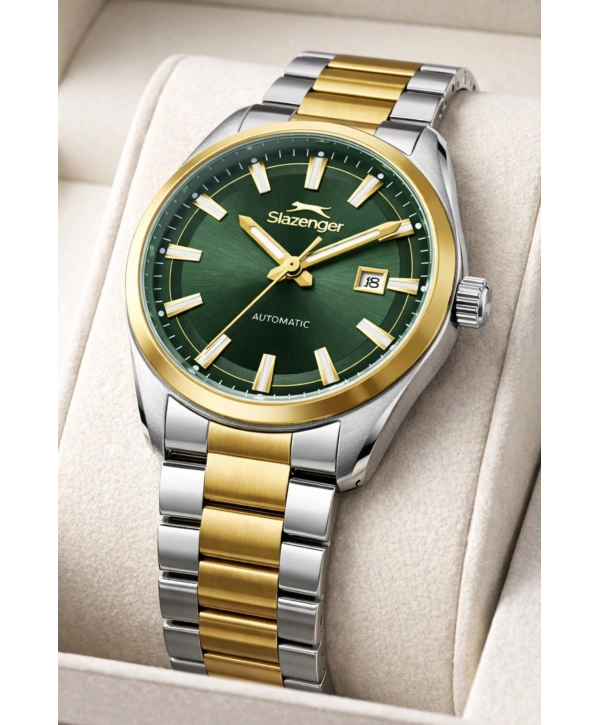 Slazenger Otomatik Mekanizma Çelik Kordon, Çelik Kasa Erkek Kol Saati Bileklik Hediyeli Gümüş-Gold sdslz013