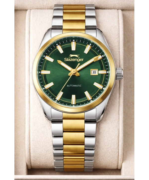 Slazenger Otomatik Mekanizma Çelik Kordon, Çelik Kasa Erkek Kol Saati Bileklik Hediyeli Gümüş-Gold sdslz013