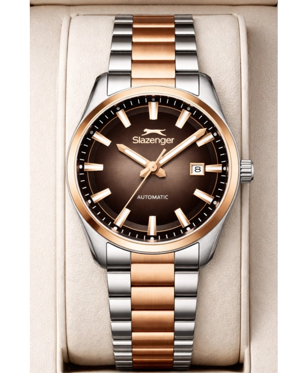 Slazenger Otomatik Mekanizma Çelik Kordon, Çelik Kasa Erkek Kol Saati Bileklik Hediyeli Gümüş-Rose sdslz013